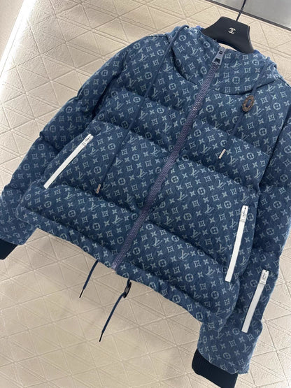 Hooded drawstring zipper denim down