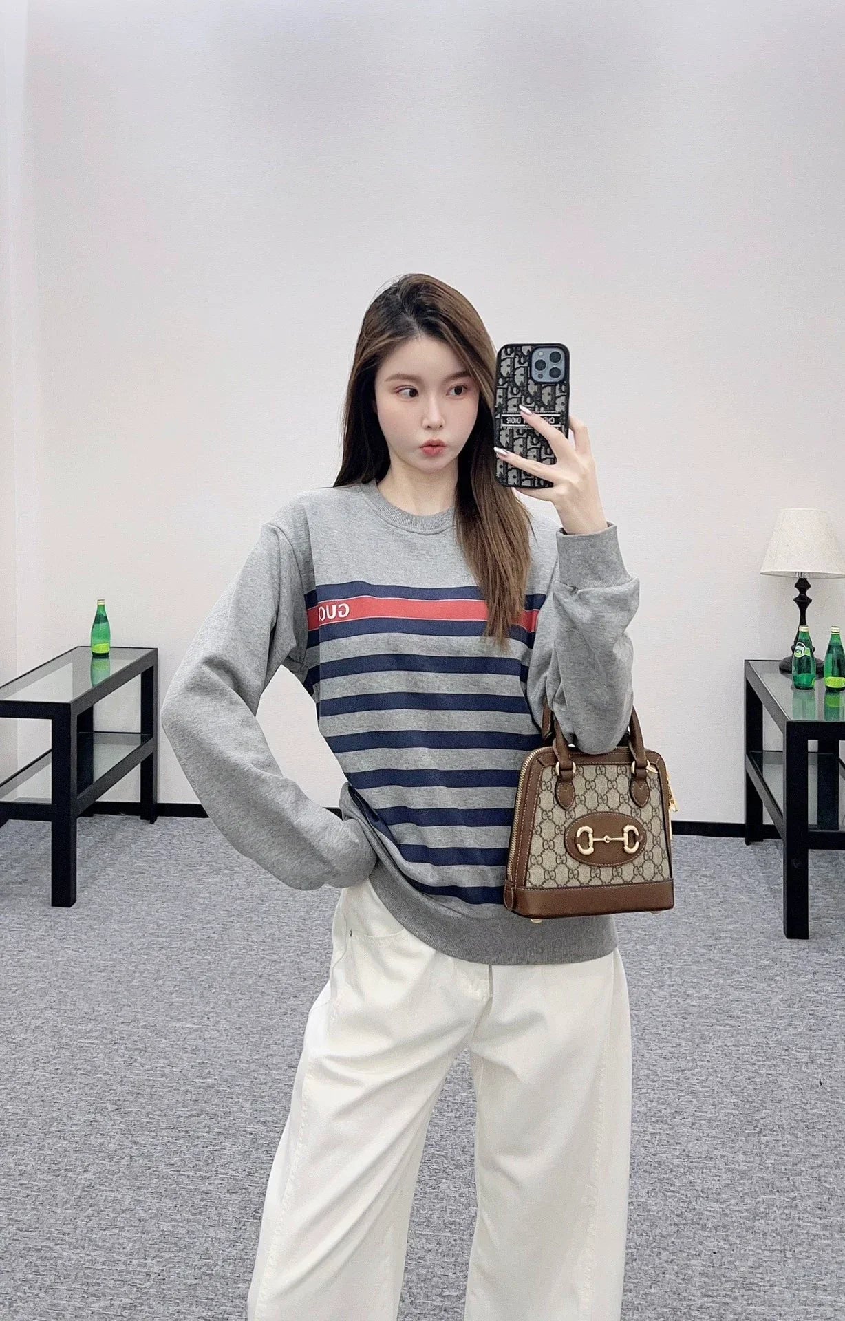 25fw Striped round neck pullover hoodie