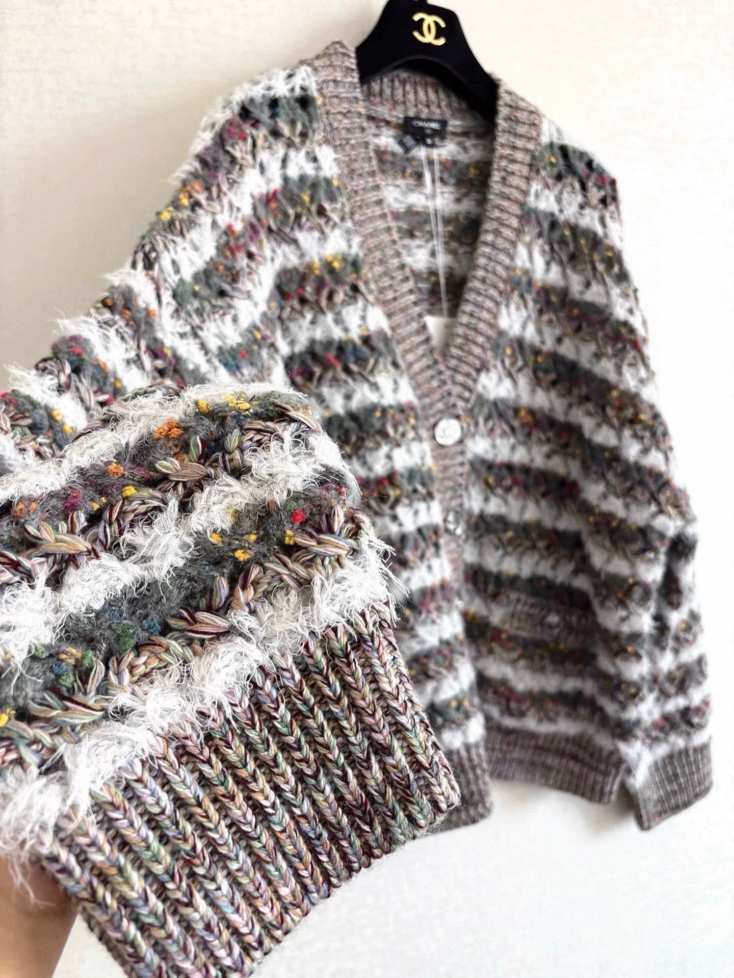 25fw Striped hollow knitted cardigan