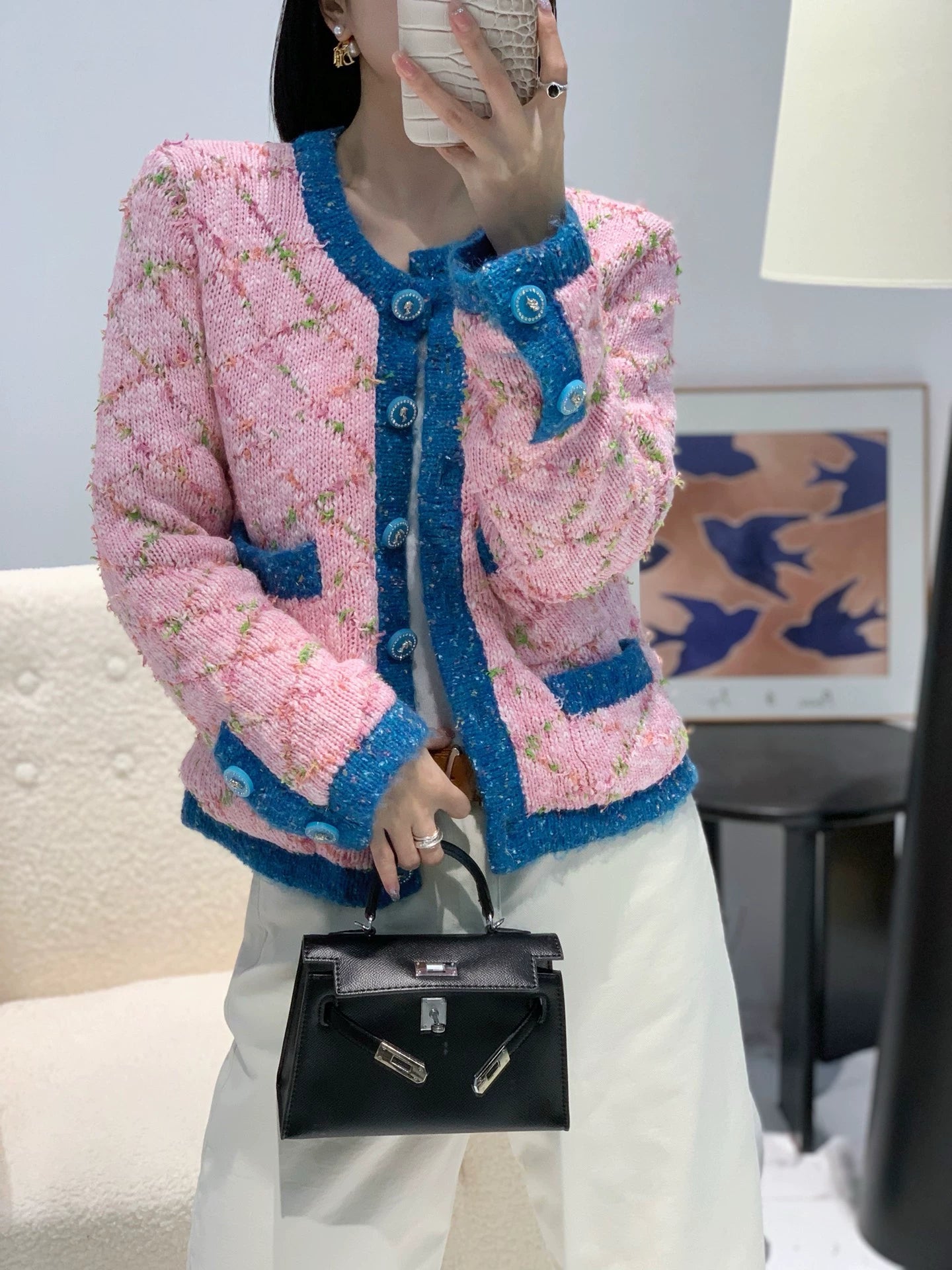 25fw Xiaoxiangfeng pink knitted cardigan（Medieval Series）