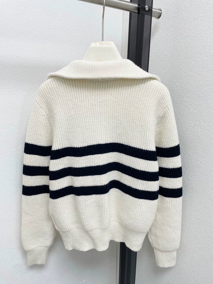 Striped stand up collar knitted cardigan