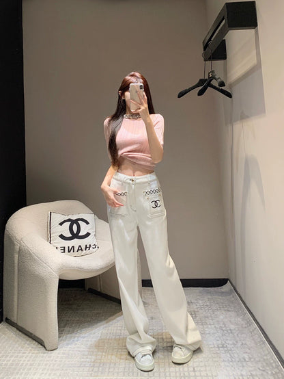 25 Summer new embroidery white straight loose jeans