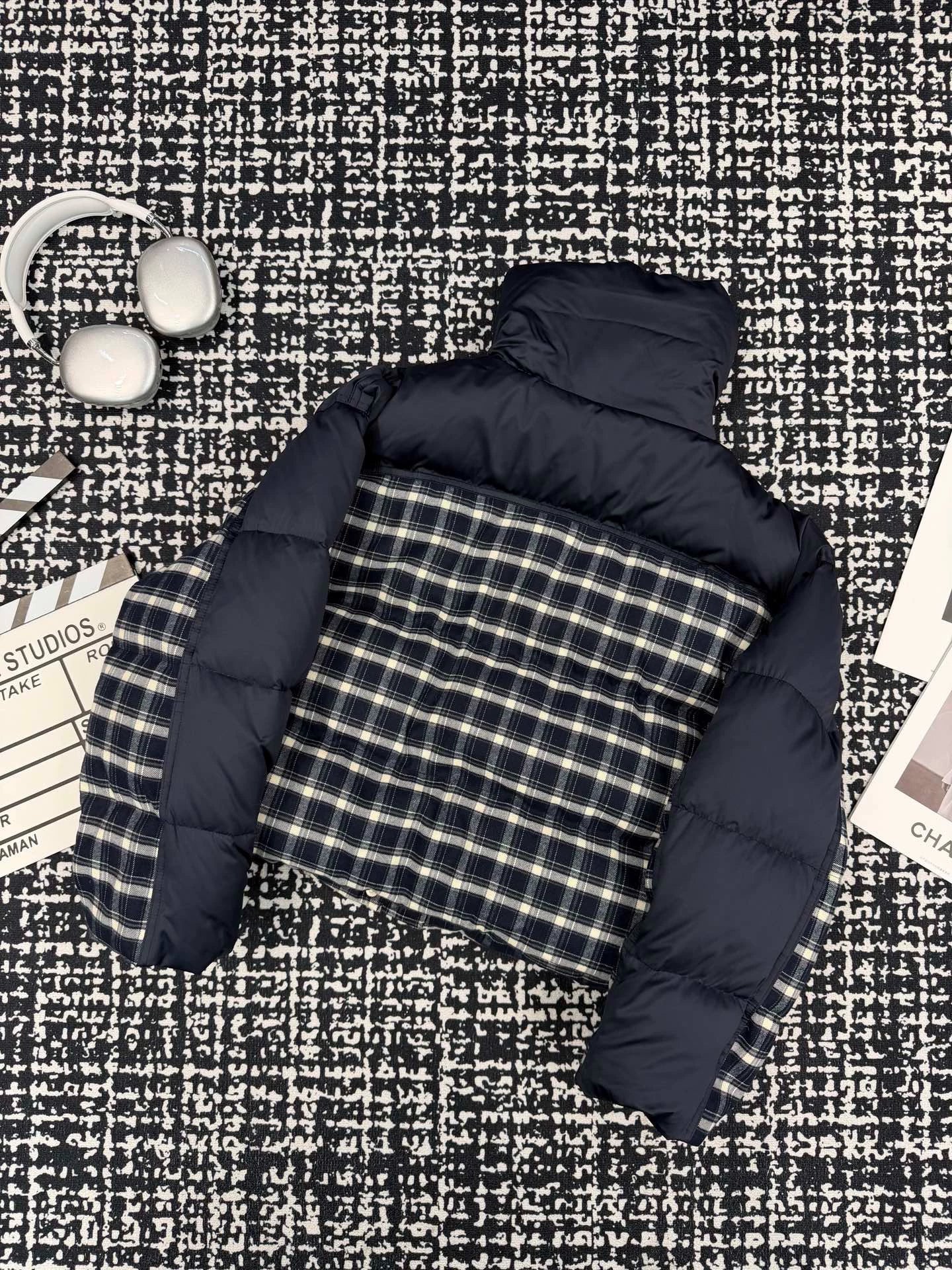 Plaid patchwork stand up collar goose down suit