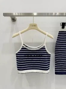 25 Summer new dark blue striped sweater suspender top + skirt set