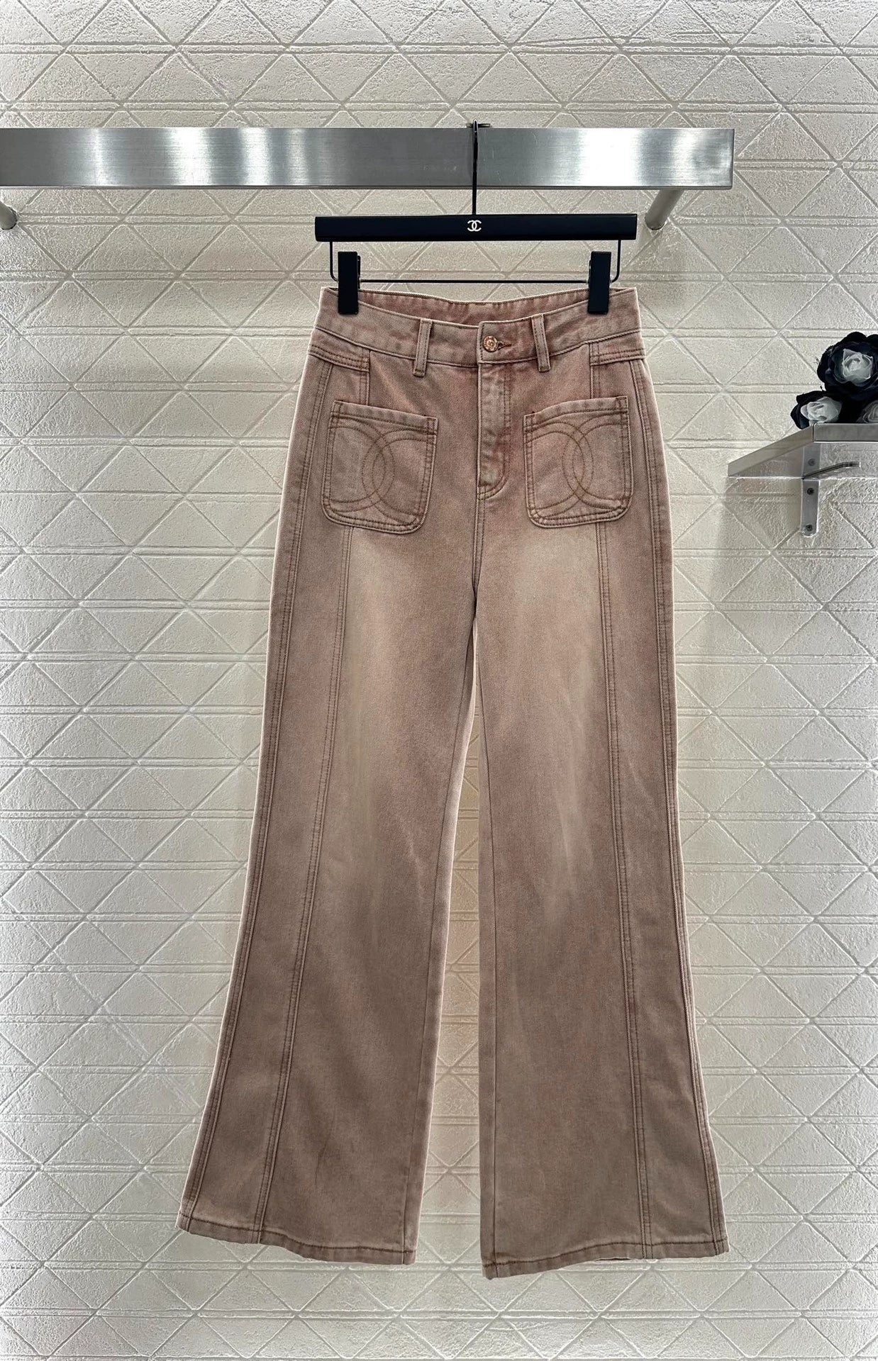 Pink ground white straight leg denim pants