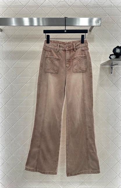 Pink ground white straight leg denim pants
