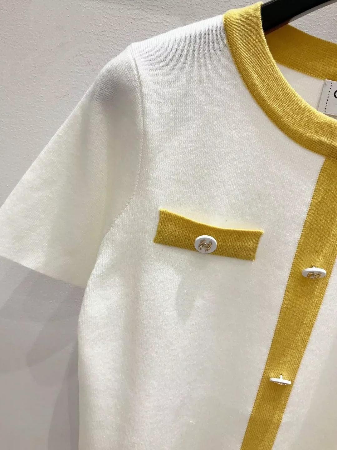 25fw Color blocked knitted short sleeved shirt