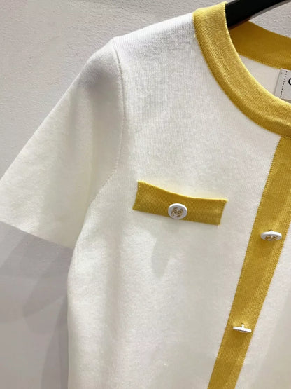 25fw Color blocked knitted short sleeved shirt