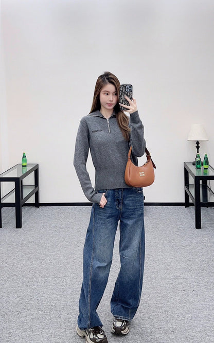 25fw Zipper lapel knit top