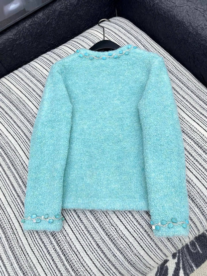 25fw Colorful gemstone decorated round neck jacket