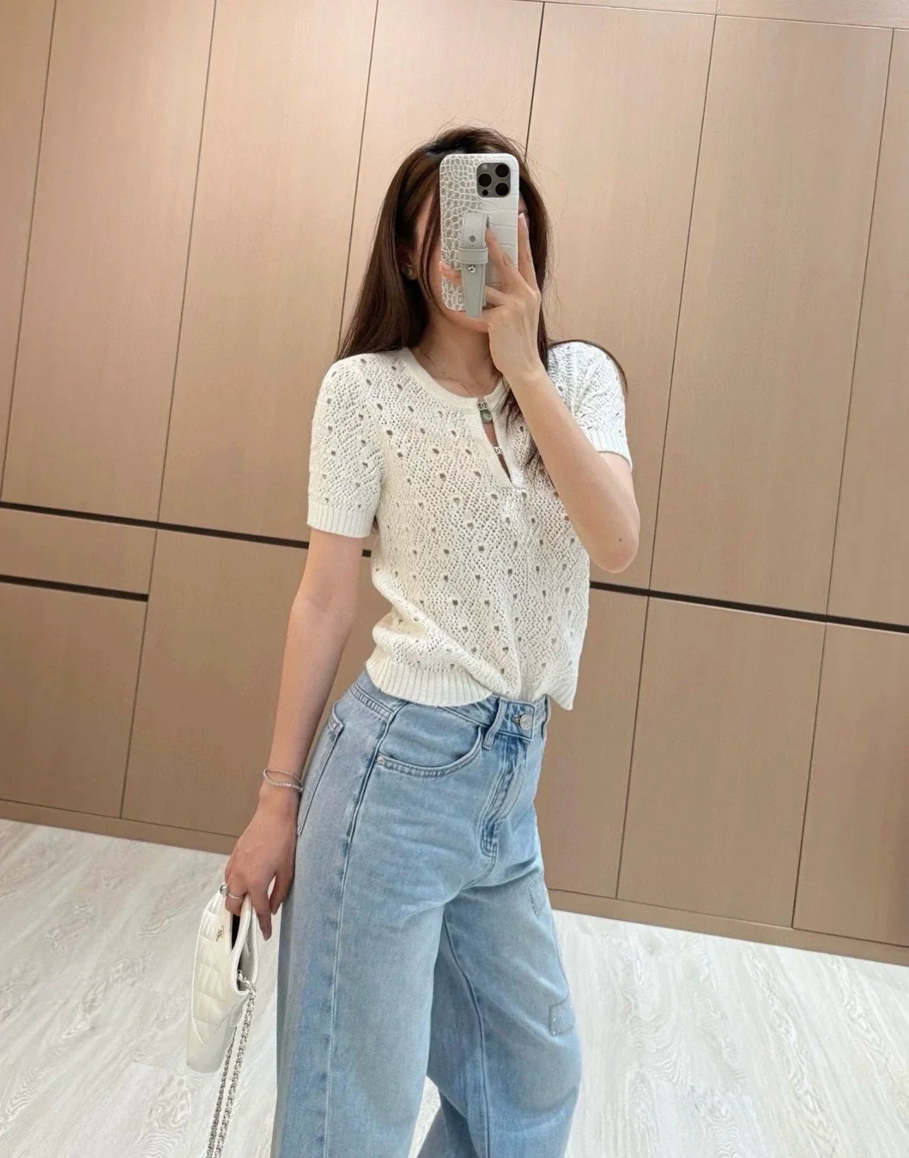 25fw hollow crocheted short-sleeved top