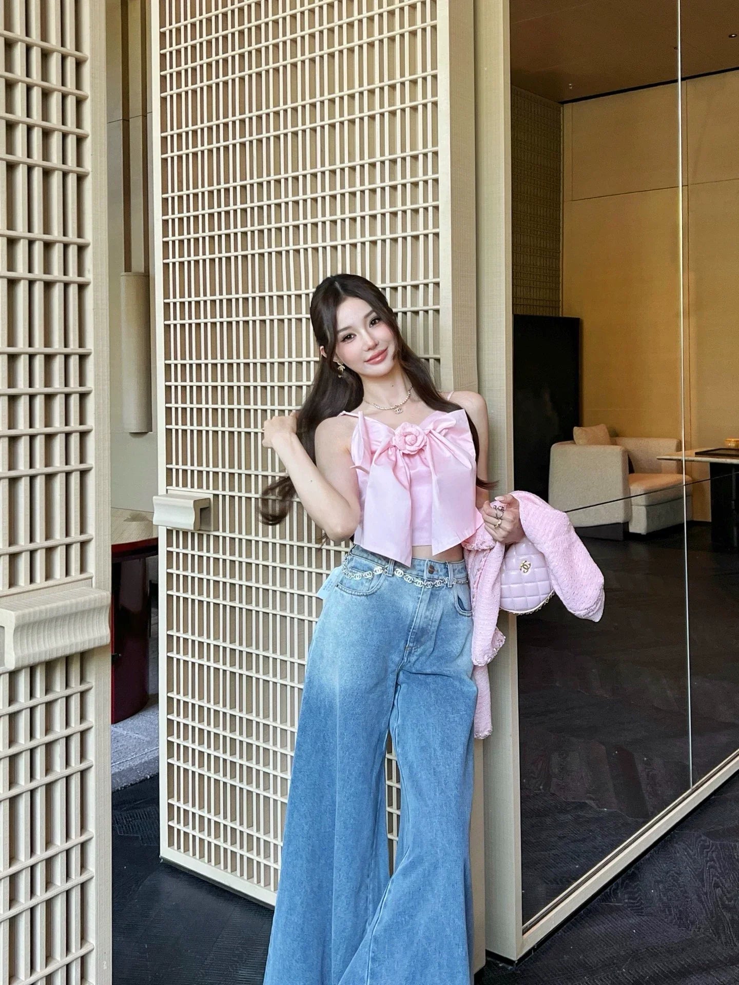 25fw Bow-decorated suspenders(pink/white)