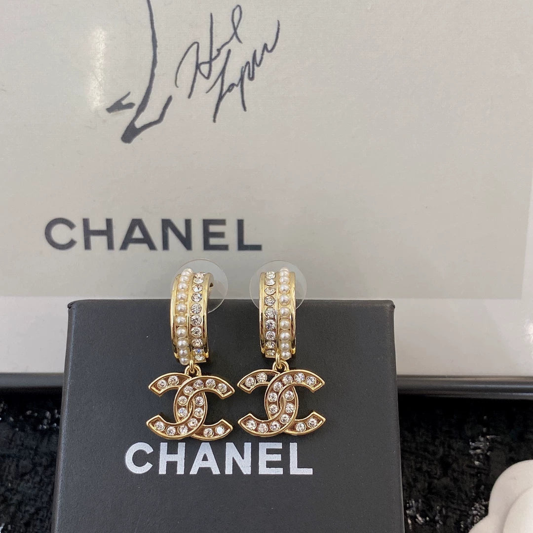 Double C pearl rhinestone earrings