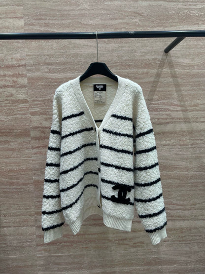 Lamb wool striped cardigan sweater