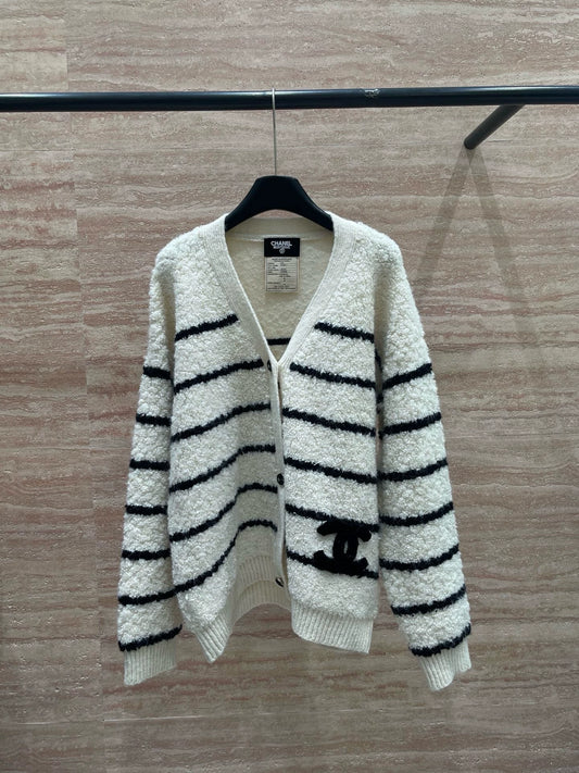 Lamb wool striped cardigan sweater