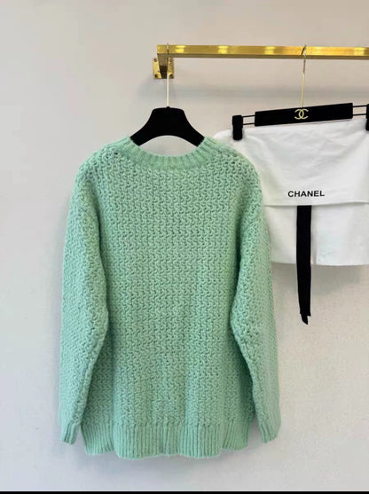 Mint green hollow knitted cardigan