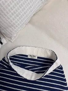 25 Summer new dark blue striped sweater suspender top + skirt set