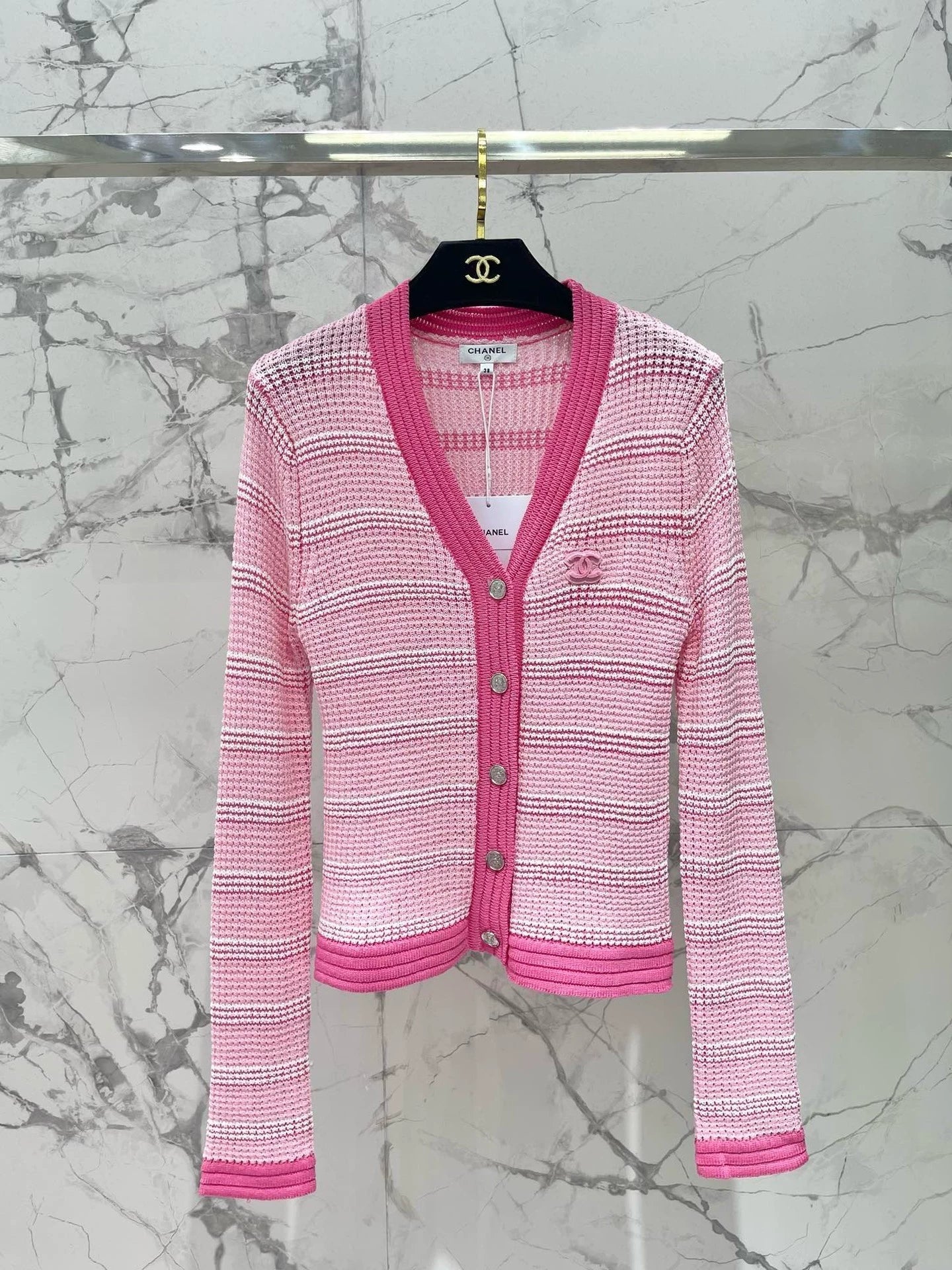 C 25 new hollow color matching striped knitted cardigan