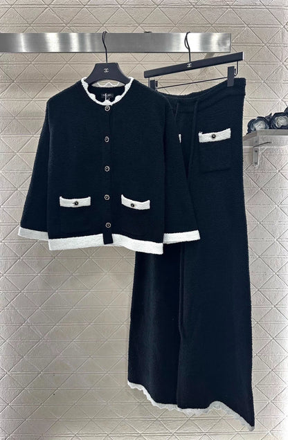 Knitted contrasting cardigan wide leg pants set