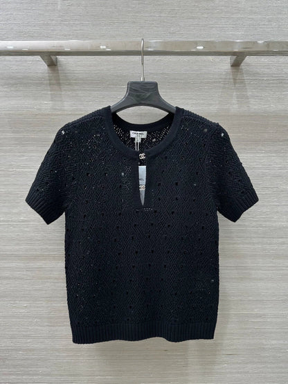 25fw hollow crocheted short-sleeved top