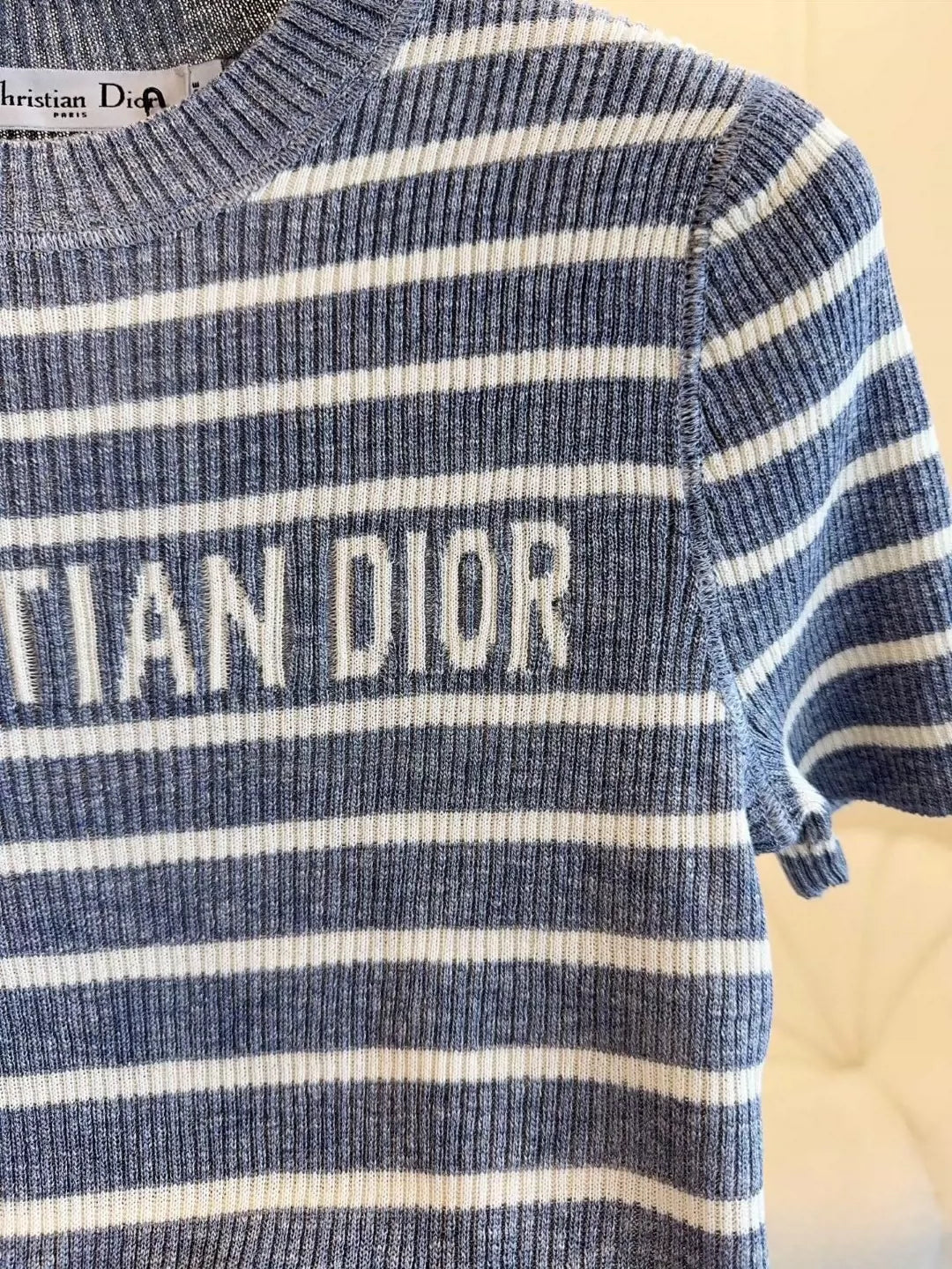 25 Summer new striped logo intarsia striped short-sleeved knitted top