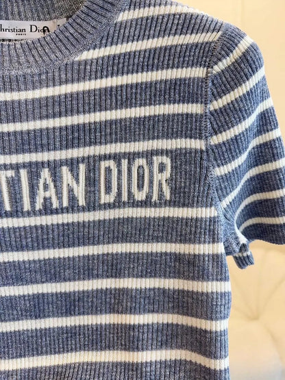 25 Summer new striped logo intarsia striped short-sleeved knitted top
