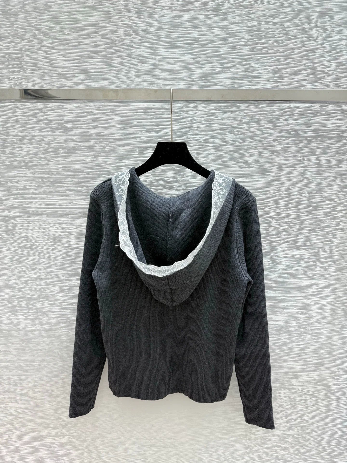 25fw Lace patchwork hooded knit sweater