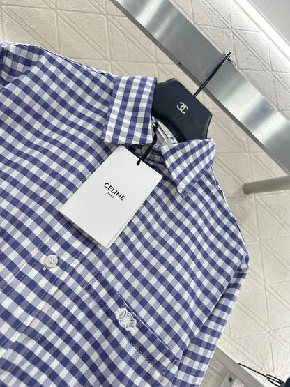 Short blue and white checkered shirt
