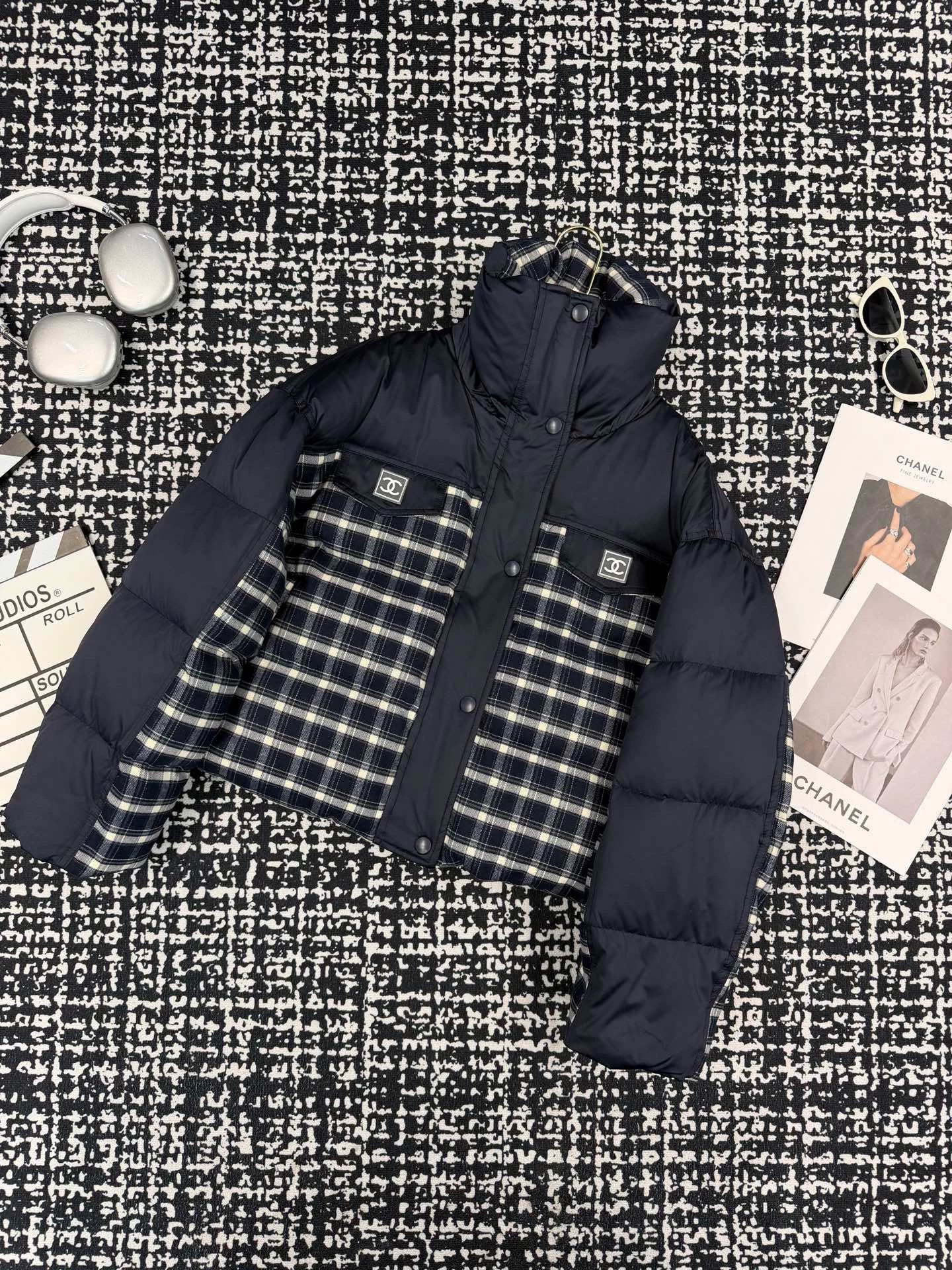 Plaid patchwork stand up collar goose down suit