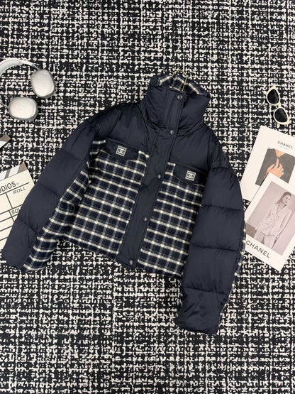 Plaid patchwork stand up collar goose down suit