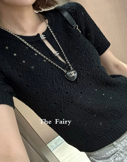 25fw hollow crocheted short-sleeved top