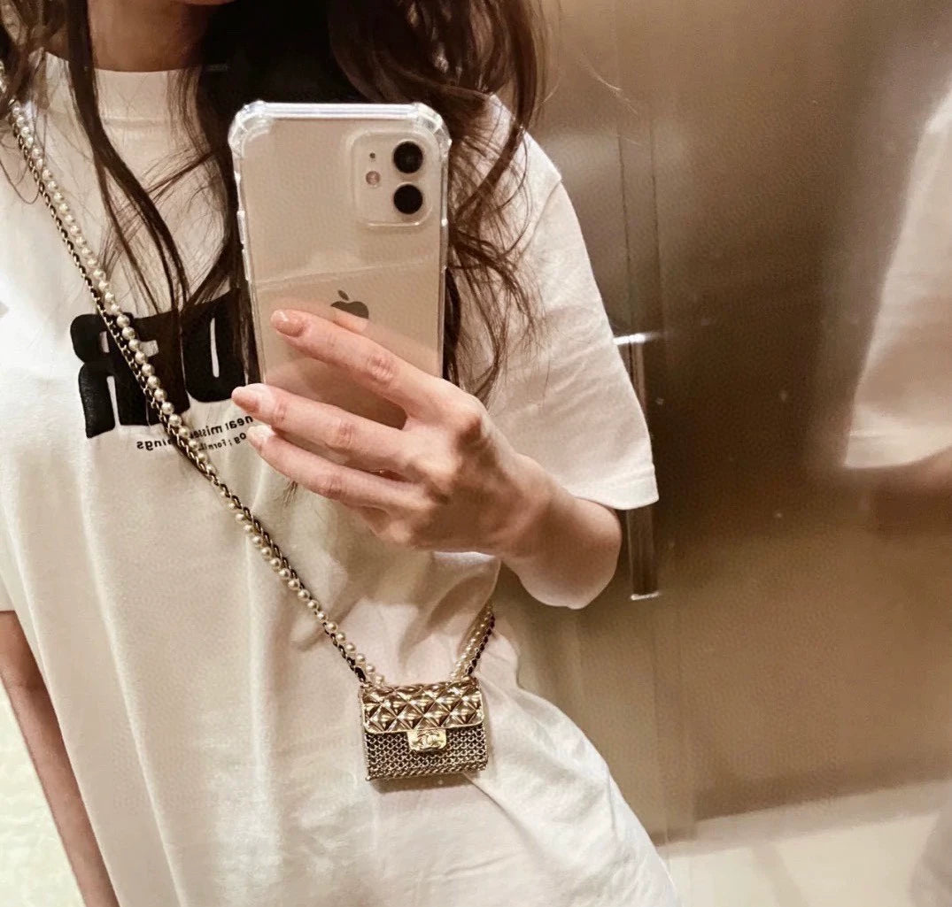 Double layer pearl crossbody metal bag