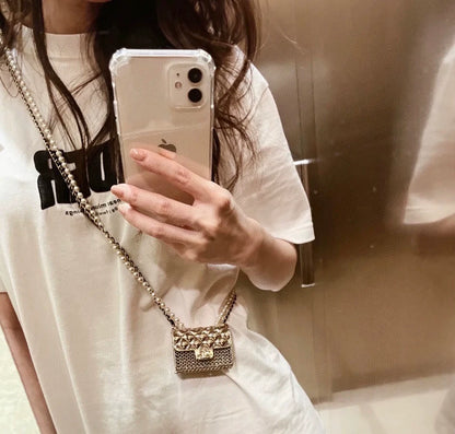 Double layer pearl crossbody metal bag