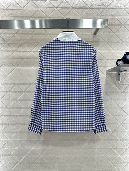 Lace collar blue and white checkered shirt