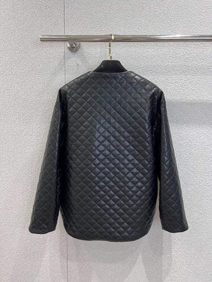 Diamond-patterned leather cotton-padded jacket