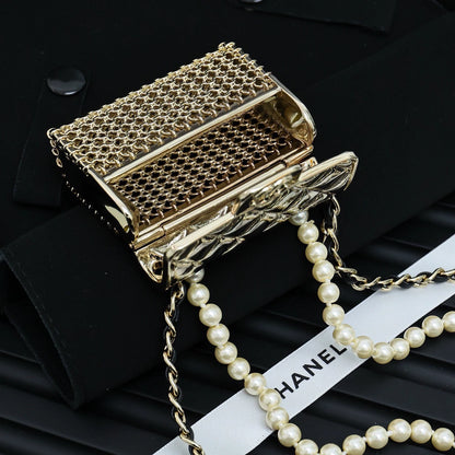 Double layer pearl crossbody metal bag