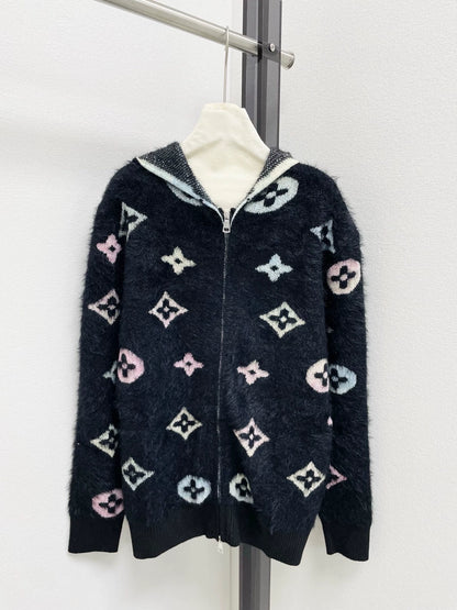 25fw Old flower hooded zipper cardigan