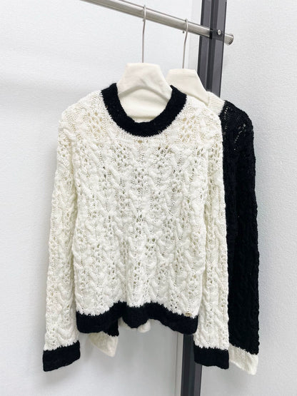 25fw Black and white color blocked hollow knitted sweater