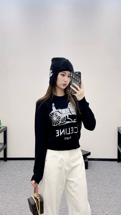 25 Crochet letter carriage knit sweater（Beigei/black）