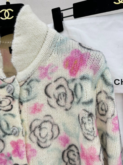 Camellia print cashmere cardigan