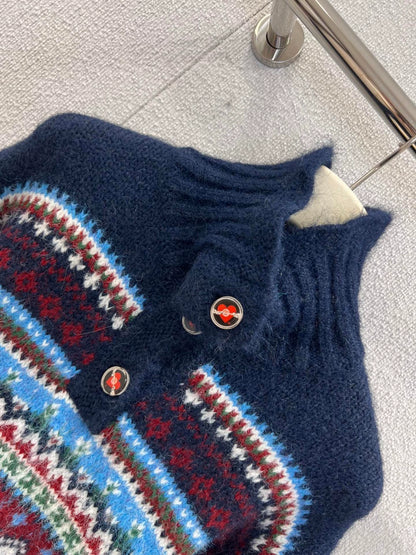 Ethnic style high necked knitted sweater