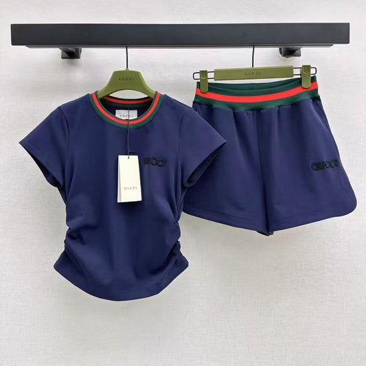 Casual Waist-Cinching Cropped Short Sleeve & Shorts Set