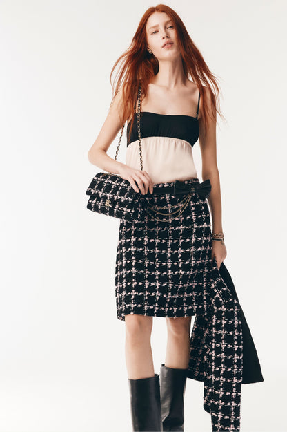 25 New style positioning plaid woven short jacket + A-line skirt set