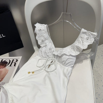 25 Flower Shoulder White One-piece Swimsuit