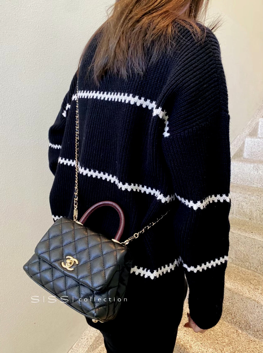 Mini Flap Bag with Top Handle  Small Grained Calfskin Lizard Handle Black