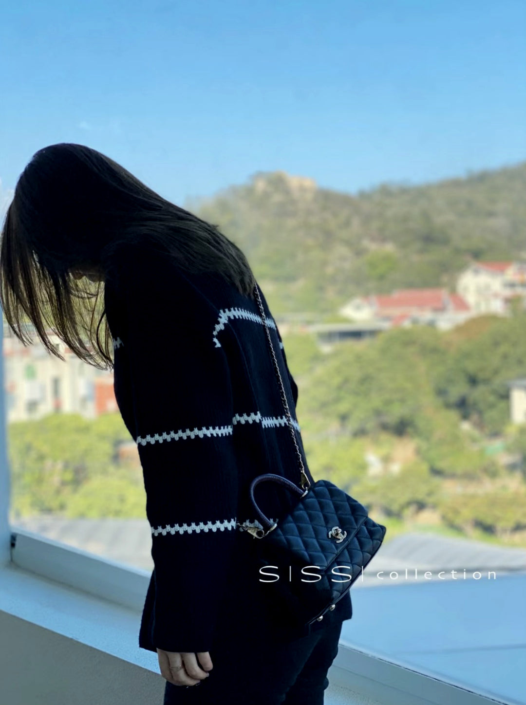 Mini Flap Bag with Top Handle  Small Grained Calfskin Lizard Handle Black