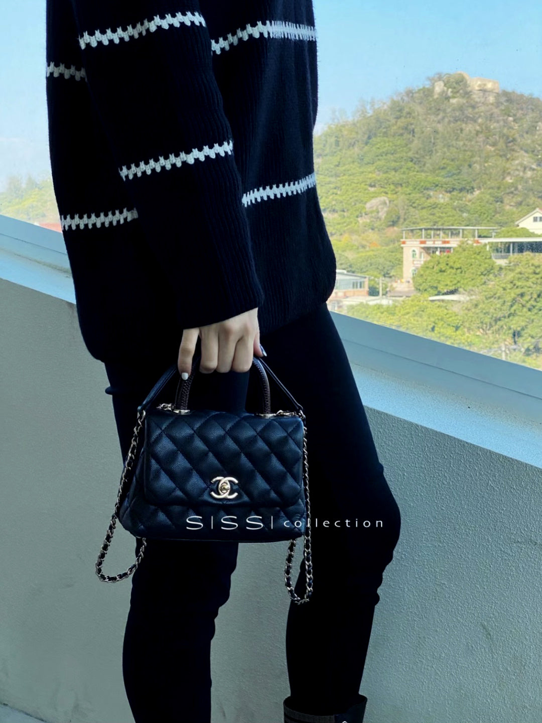 Mini Flap Bag with Top Handle  Small Grained Calfskin Lizard Handle Black