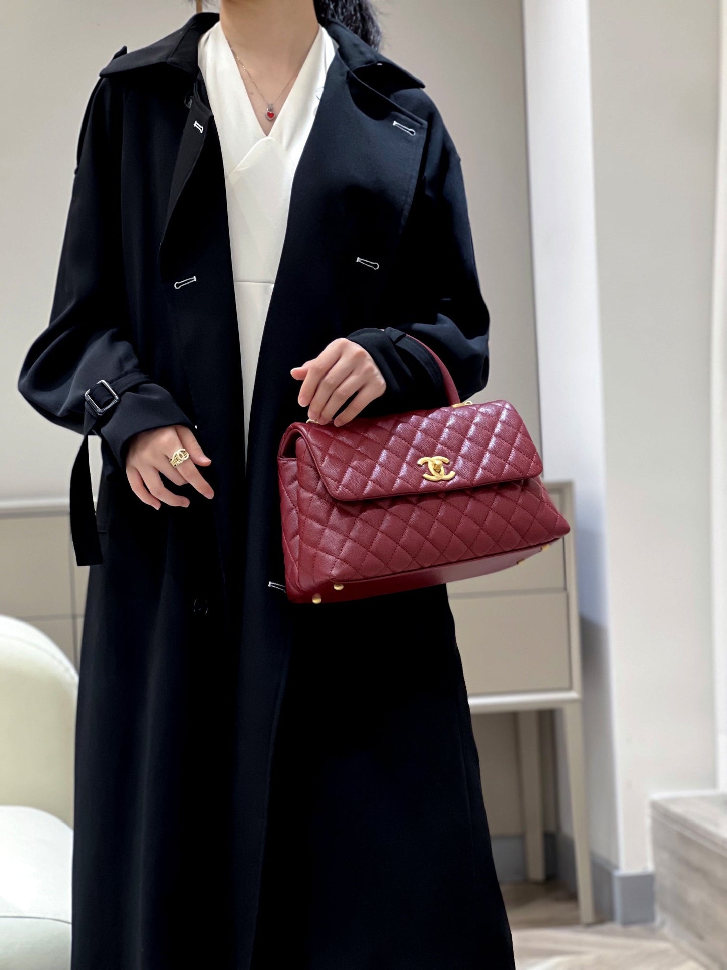 LARGE FLAP BAG WITH TOP HANDLE 29  Small Grained Calfskin Red Wine Color