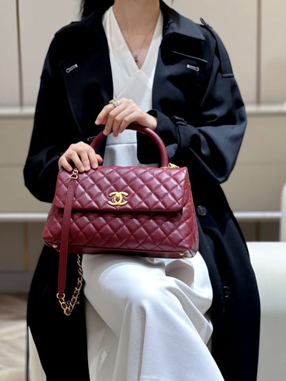 LARGE FLAP BAG WITH TOP HANDLE 29  Small Grained Calfskin Red Wine Color