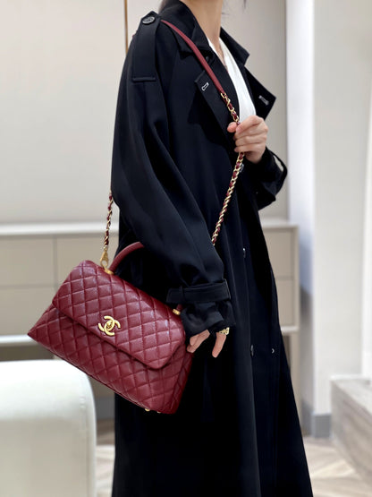 LARGE FLAP BAG WITH TOP HANDLE 29  Small Grained Calfskin Red Wine Color